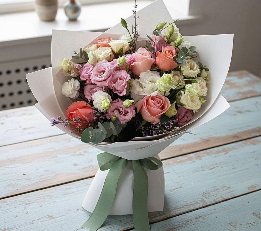 Букет цветов из: Розы, Лизиантусы и Гвоздики в Шигоны