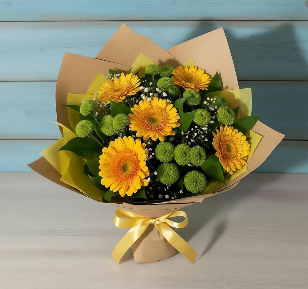 Букет цветов из: Герберы и Хризантемы в Шигоны