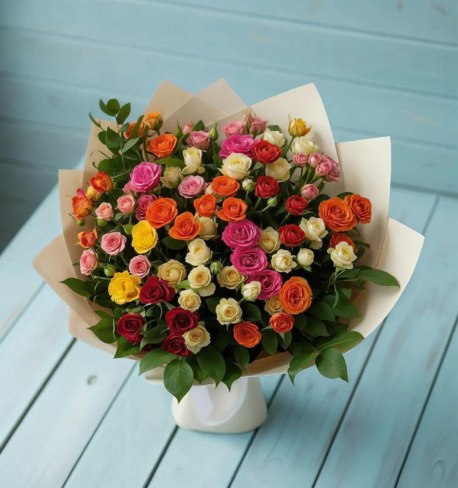 Букет Микс из разноцветных кустовых роз в Шигоны